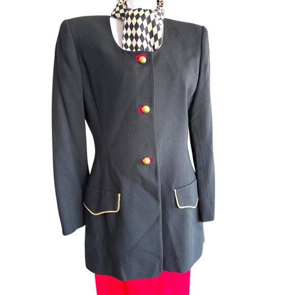 BICCI Florine Wachter VNTG Black Red Skirt/Blazer/Scarf Suit Gold Accents Sz 8 - Picture 5 of 16
